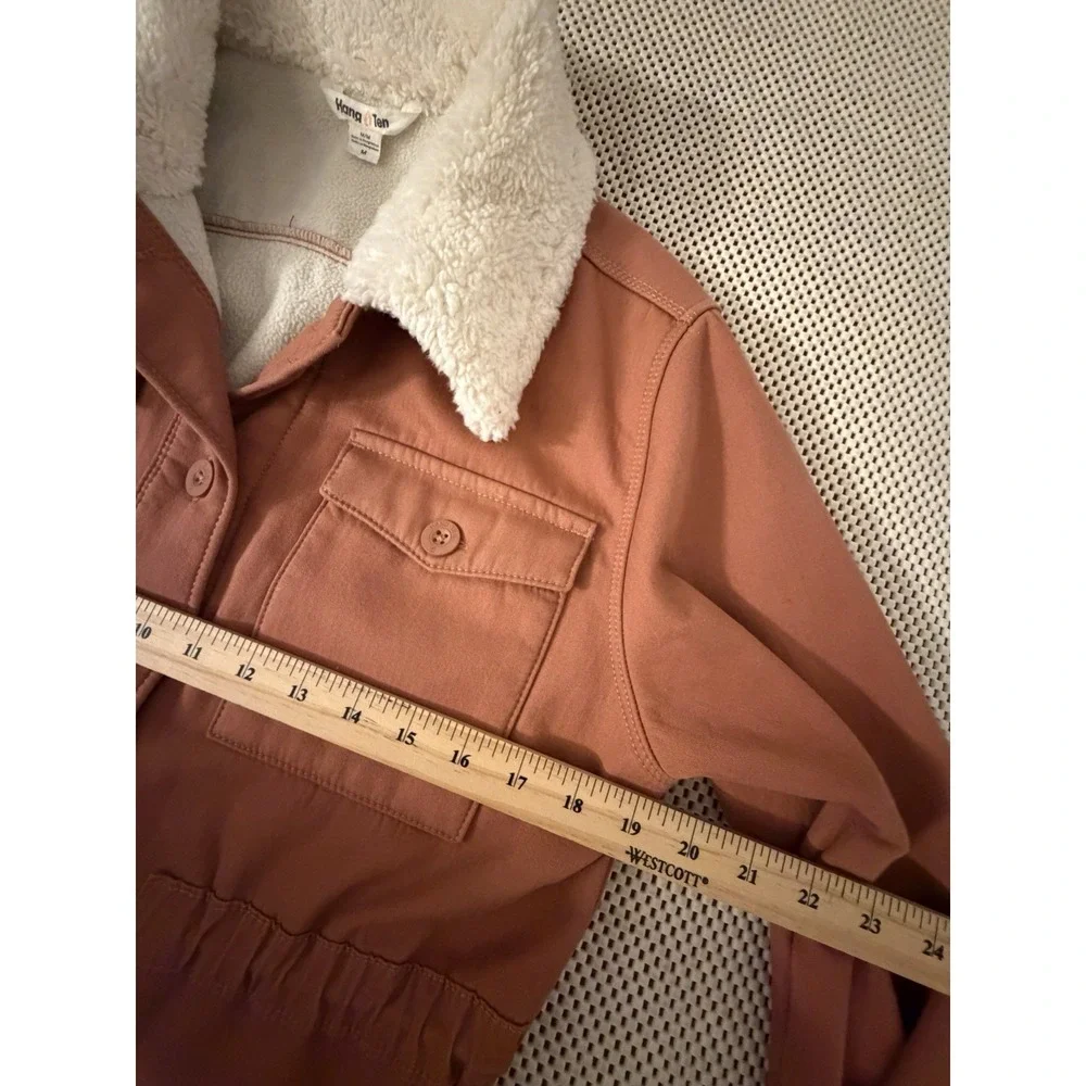 Hang‎ Ten Sherpa Lined Jacket Women M Button Front Utility Coat Salmon Rust Tan